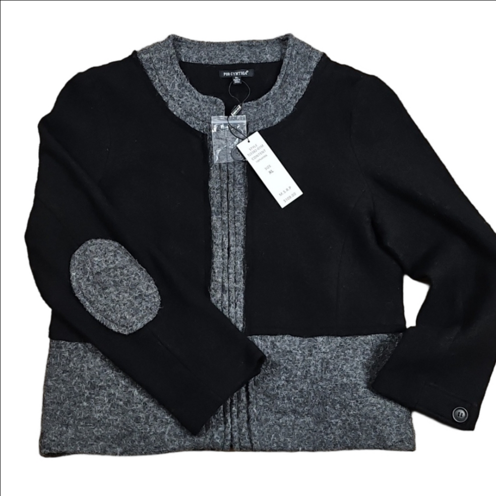 NWT For Cynthia Boiled Wool Black & Grey Elbow Patch Cardigan Sweater Jacket